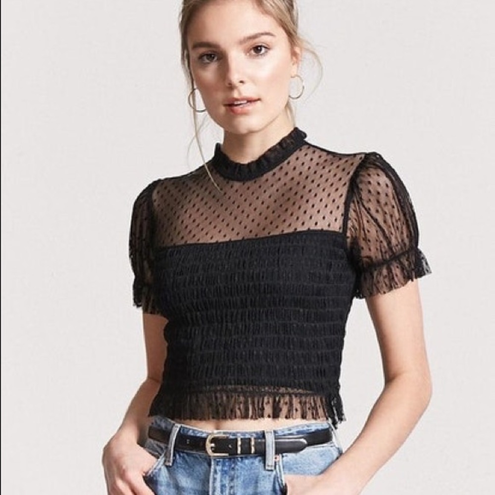 FOREVER21 black smocked crop top with mesh